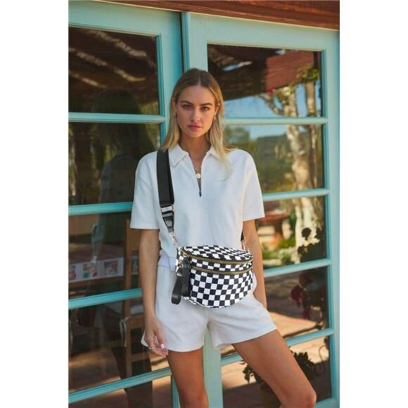 Checkered Crossbody Bag Nylon Bum Bag Plus Size Adjustable Strap Handbag - Picture 6 of 7